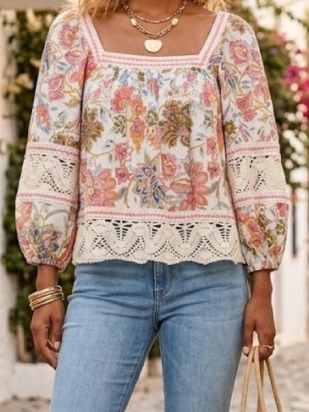 Christian Siriano Floral Lace-Trim Peasant Blouse in White, Pink, Green